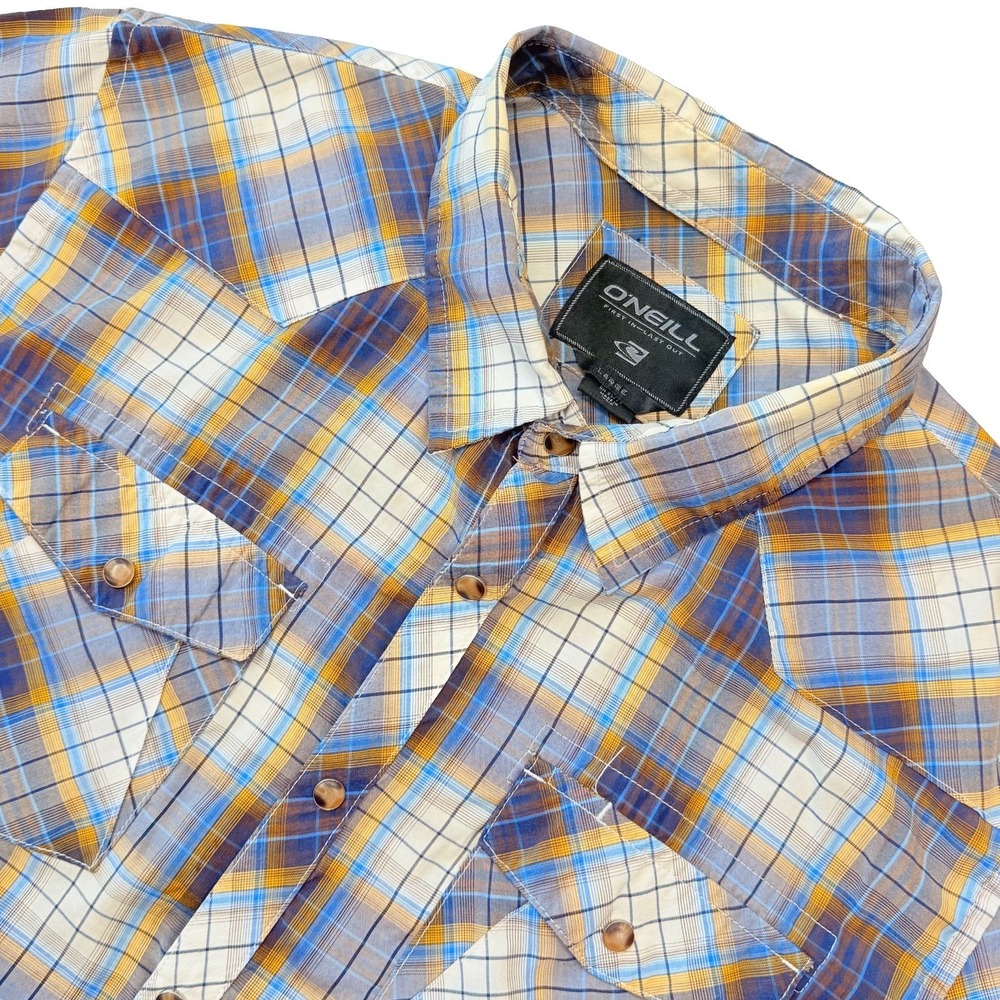 O'Neill Plaid Western Snap Shirt Men's Large Blue Brown Roll Tab Long Sleeve